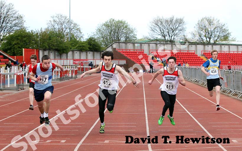 from left to right: Sam Norton (Middlesbrough Mandale), Adam Simpson, Zachary Haddon (both Gateshead) under-17 100 metres, 2012 North Eastern Championships.